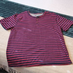 Lee Men's Navy and Red Striped Henley Shirt Size L